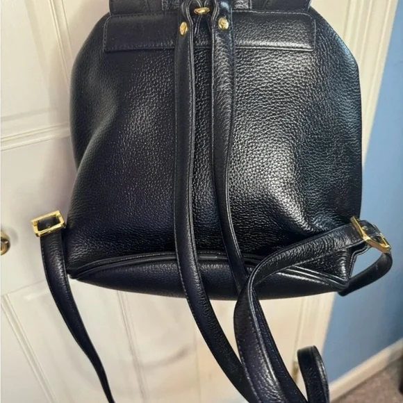 MCM Gold Studded Logo Black Pebbled Leather Backpack Tasseled Drawstring - Picture 4 of 15